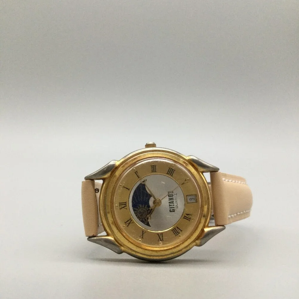 Vintage Gitano Womens Watch 33mm Gold Tone Leather Date Day Night New Battery